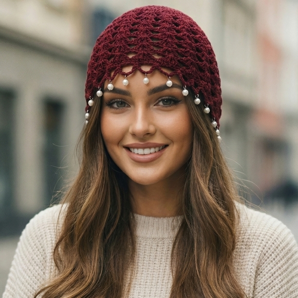 None Accessories - Crochet Beanie Faux Pearl Tassels Burgundy